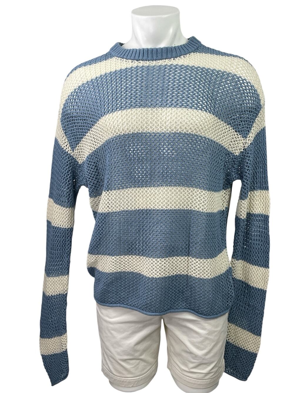 Urban Outfitters Mateo Blue White Striped Crew Neck Crochet Knit Sweater Top L